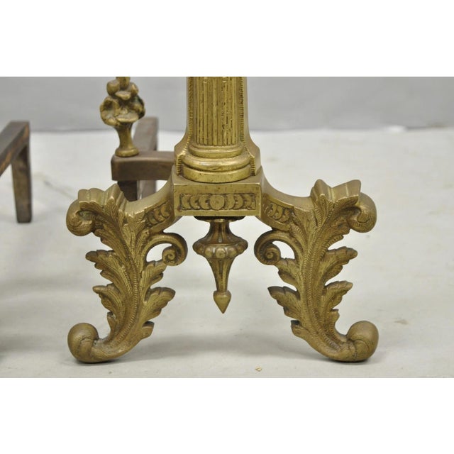 Gold Antique French Empire Style Bronze Corinthian Column Fireplace Andirons - A Pair For Sale - Image 8 of 14