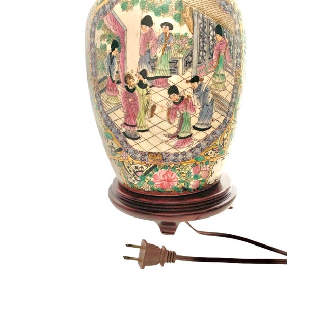 Textile Late 20th Century Porcelain Lamp Rose Medallion Design Vintage Asian Style With Silk Shade and Tassel For Sale - Image 7 of 9