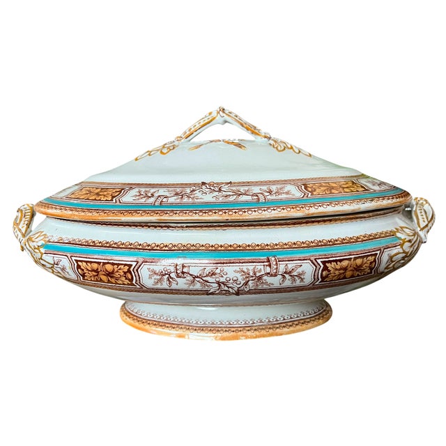 Late 19th Century 19th Century Edge, Malkin & Co. Staffordishire Hand Painted Turquoise and Brown Porcelain Tureens With Gold Gilding - a Pair For Sale - Image 5 of 14
