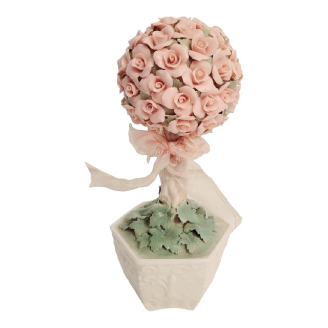 Vintage Porcelain Musical Flower Rose Topiary Pot Statue Room Decor La Vie en Rose For Sale