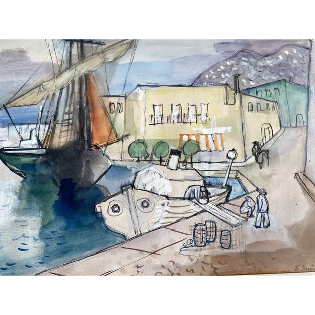 Heinrich Heuser, Unfinished Study of a Harbor View, Port of Ischia, 1950, Watercolor For Sale
