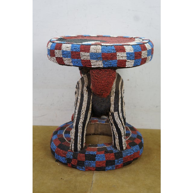 Late 20th Century African Cameroon Bamileke Tribal Beaded Zoomorphic Side Table Stool 16" For Sale - Image 4 of 16