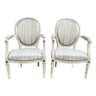French 19th Century Louis XVI Painted Walnut Arm Chairs - Set of 2 For Sale