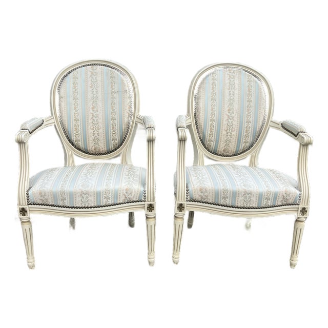 French 19th Century Louis XVI Painted Walnut Arm Chairs - Set of 2 For Sale