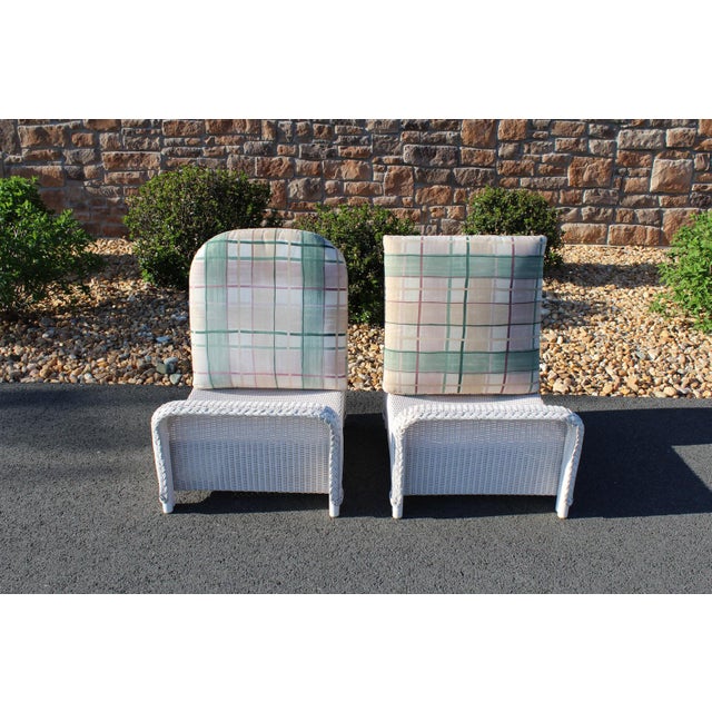 Lloyd Loom White Wicker Ottomans With Green Plaid Cushions—A Pair For Sale - Image 14 of 18