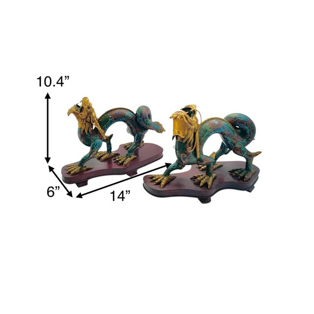Rare large colorful brass-and-enamel dragon figurines on custom carved wood bases. Striking pair for Asian art collectors....