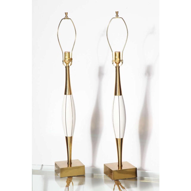 Monumental pair of Stewart Ross James attributed White enamel, Black line incised and Brass table lamps. Circa 1960. Small...