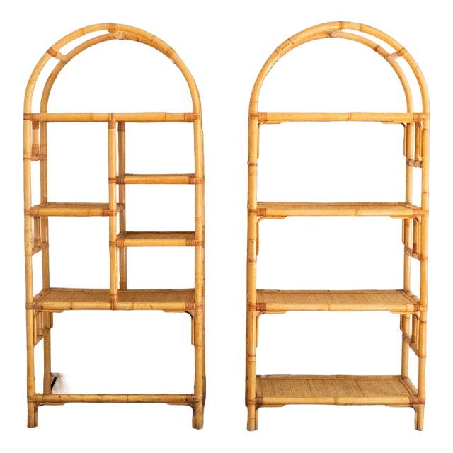 Arched Bamboo Bookcases with Woven Rush Fabric, 1970s, Set of 2 For Sale