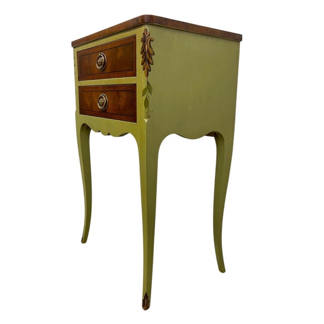 American Vintage John Widdicomb Two Drawer Painted Side Table With Cabriole Legs and Decorative Motifs For Sale - Image 3 of 11