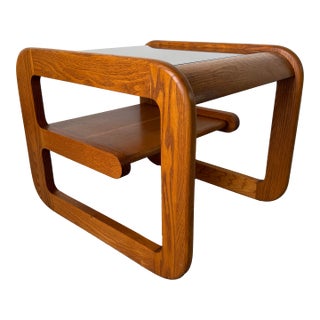 1970s Mid-Century Modern Lou Hodges Oak & Smoked Glass Top Side Table For Sale