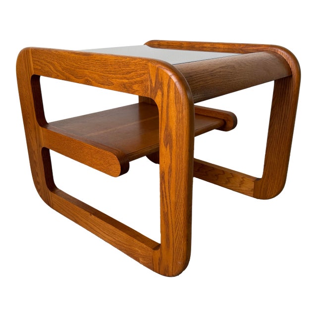 1970s Mid-Century Modern Lou Hodges Oak & Smoked Glass Top Side Table For Sale