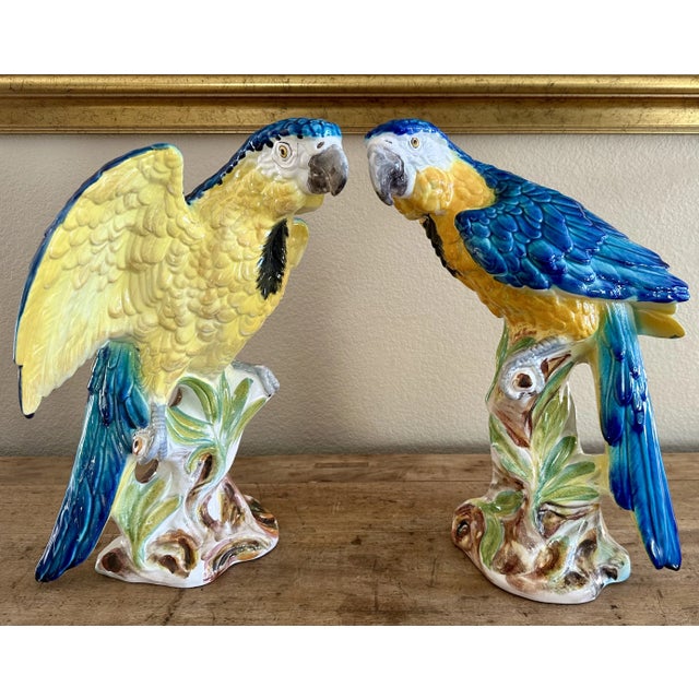 Pair of Large 1980s Italian Hand Painted Porcelain Macaw Parrot Bird Sculptures For Sale - Image 4 of 12