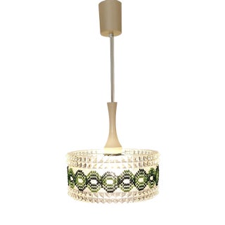 Vintage Ceiling Lamp with Round Clear Plastic Shade and Green Fabric Trim from ME, 1970s For Sale