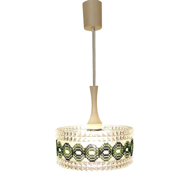 Vintage Ceiling Lamp with Round Clear Plastic Shade and Green Fabric Trim from ME, 1970s For Sale