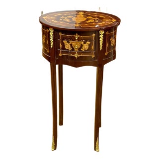French-Style Round Side Table – Three Small Drawers With Floral Marquetry & Gilded Wood Details For Sale
