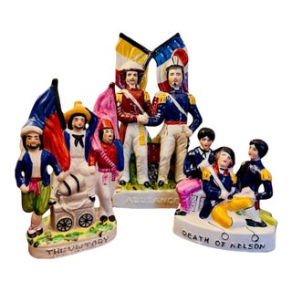 Antique Staffordshire Flatback Navy & Military Figurine Trio - "The Victory,""Alliance," and "The Death of Nelson" For Sale