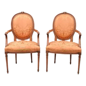 Mid 20th Century French Louis XVI Style Pink Distress Painted Oval Back Dining Arm Chairs - Pair