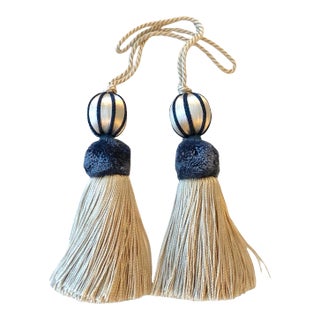 Pair of Petite Navy Blue and White Key Tassels For Sale