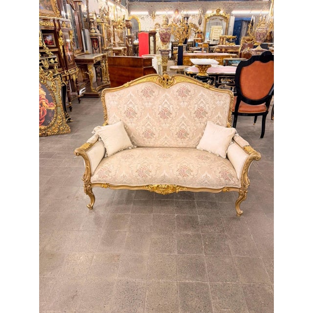 Vintage Rococo Canapa Loveseat Blush Beige Damask Upholstery For Sale - Image 4 of 8