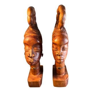 Vintage MCM African Wood Carved Busts, Matched Pair, Mid Century Tribal Folk Art, 11.5 Inch Sculptures For Sale
