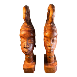 Vintage MCM African Wood Carved Busts, Matched Pair, Mid Century Tribal Folk Art, 11.5 Inch Sculptures