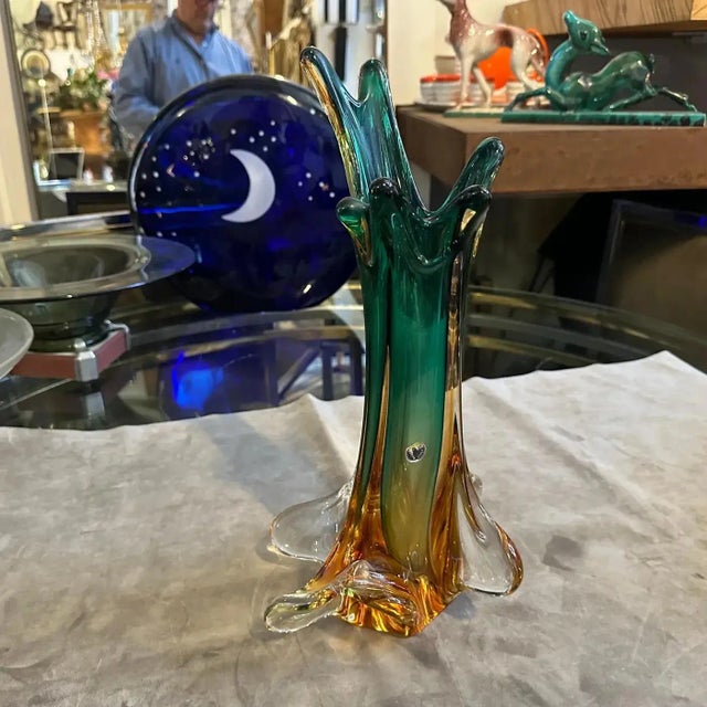 1970s 1970s Seguso Style Green and Yellow Sommerso Murano Glass Sculptural Vase For Sale - Image 5 of 12