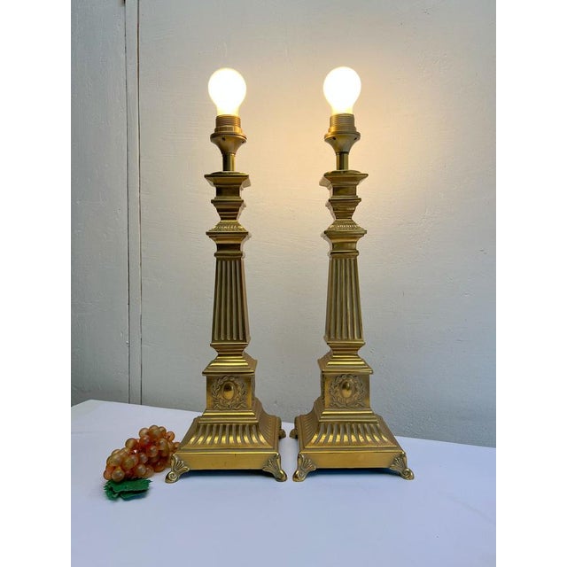 Goldenrod Large Footed Brass Roman Column Table Lamps, 1950s, Set of 2 For Sale - Image 8 of 13