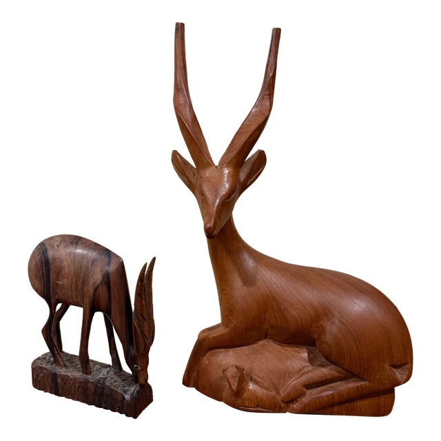 Vintage Hand-Carved Wooden Antelope Sculptures – African Safari Style Decor, Organic Modern Pair For Sale