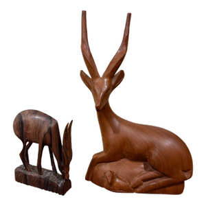 Vintage Hand-Carved Wooden Antelope Sculptures – African Safari Style Decor, Organic Modern Pair