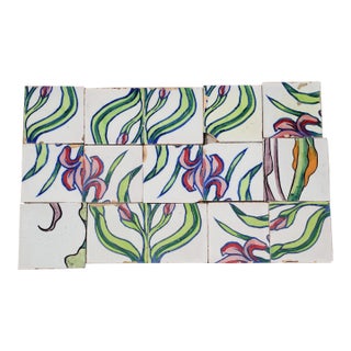 1900s Antique Portuguese Art Nouveau Assembled Group of 15 Tiles With Stylized Iris Motif For Sale