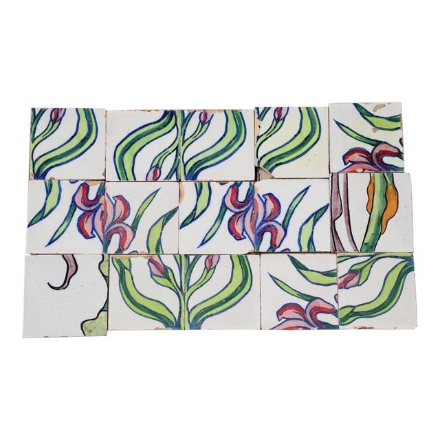 1900s Antique Portuguese Art Nouveau Assembled Group of 15 Tiles With Stylized Iris Motif For Sale
