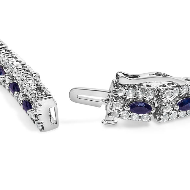 Contemporary Sterling Silver Dark Blue Sapphire and Topaz Marquise Floral Art Deco Link Bracelet For Sale - Image 3 of 4
