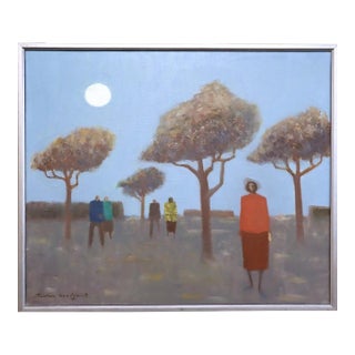 Mid-Century Modern 'Under the Pale Blue Sky' Vintage Figurative Landscape Oil Painting by Swedish Artist Fabian Lundqvist (1913-1989), Framed For Sale