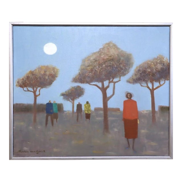 Mid-Century Modern 'Under the Pale Blue Sky' Vintage Figurative Landscape Oil Painting by Swedish Artist Fabian Lundqvist (1913-1989), Framed For Sale