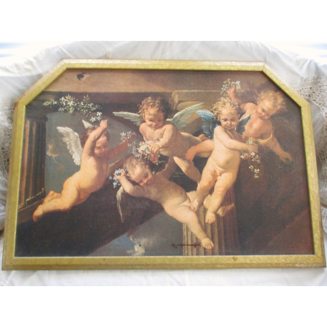Vintage French Baroque Winged Cherubs With Flowers Picture For Sale - Image 13 of 13