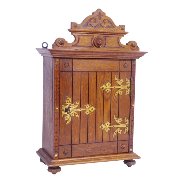 Vintage Wooden Wall Cabinet with Ornate Brass Hinges and Lion Head, 1940s For Sale