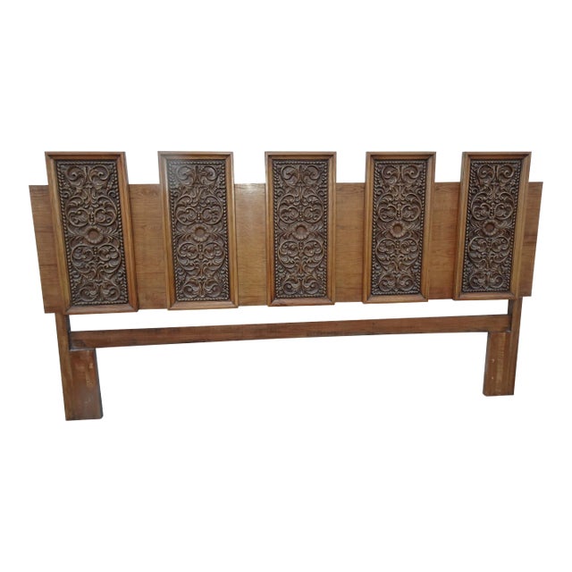 Vintage Drexel Mid-Century King Size Headboard Spanish Style W Five Carved Panels For Sale