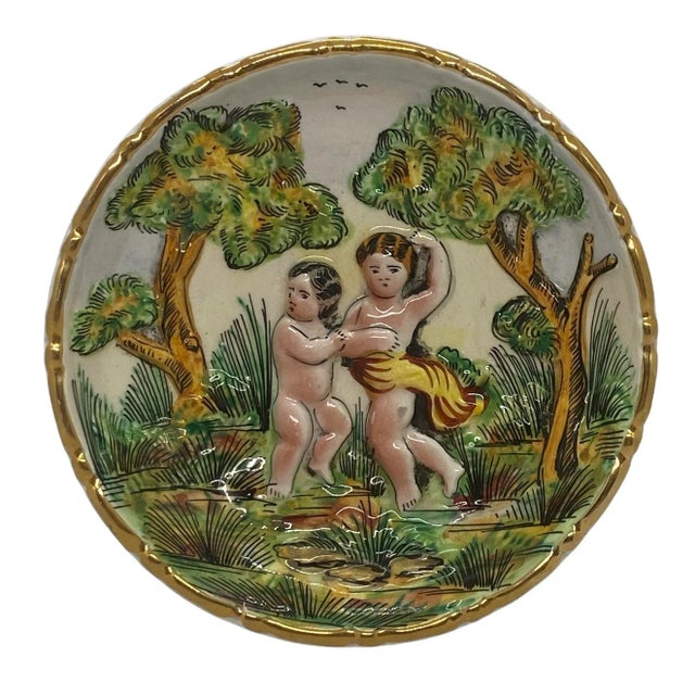 Lovely Vintage Capodimonte Italy Cherub Story 5 3/8” Dish Bowl #1308. This Dish Bowl with a beautiful relief was made by...