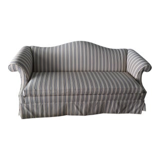 Ethan Allen Custom Camelback Sofa in Dimensional Woven Blue & Ivory Stripe For Sale