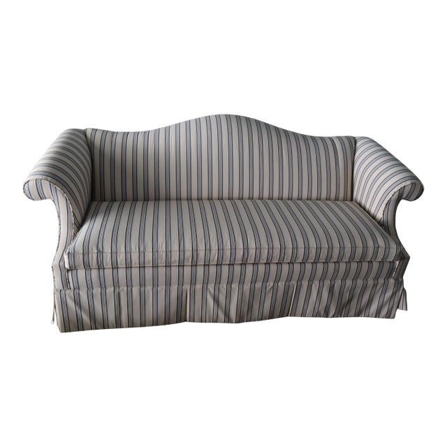 Ethan Allen Custom Camelback Sofa in Dimensional Woven Blue & Ivory Stripe For Sale