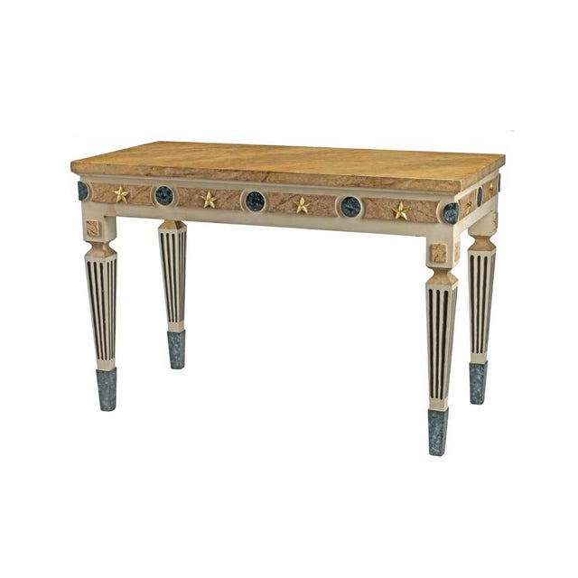 A large and impressive Neoclassical style paint-decorated console table, in 18th century Swedish Gustavian taste....
