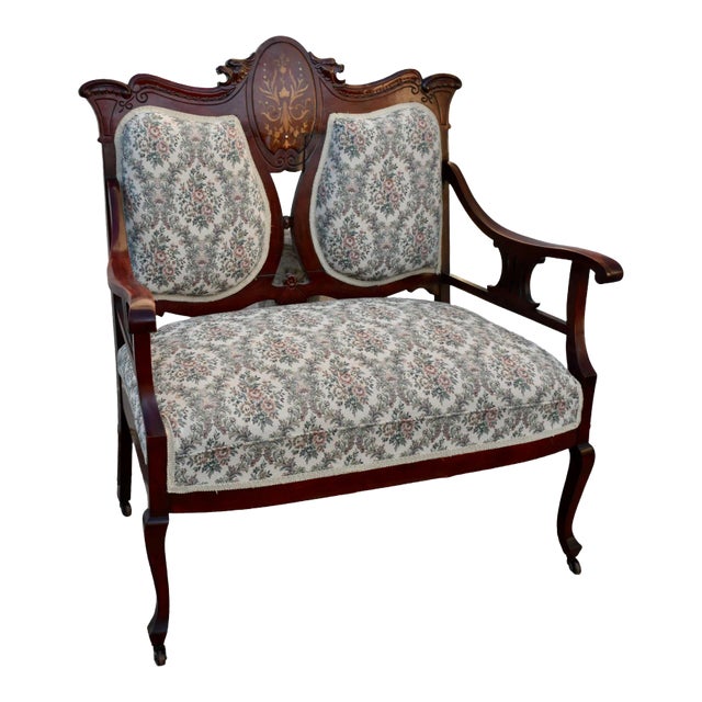 Antique Edwardian Style Inlaid Mahogany Settee W/Floral Fabric For Sale
