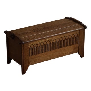 Mid 20th Century Modern Danish Oak Chest with Decorative Relief Carving, 1940s For Sale