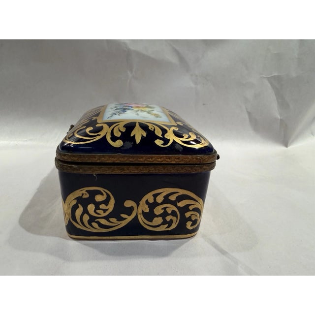 Navy Blue Limoges France Hand Painted Porcelain Trinket/Jewelry Box With Floral Accents For Sale - Image 8 of 10