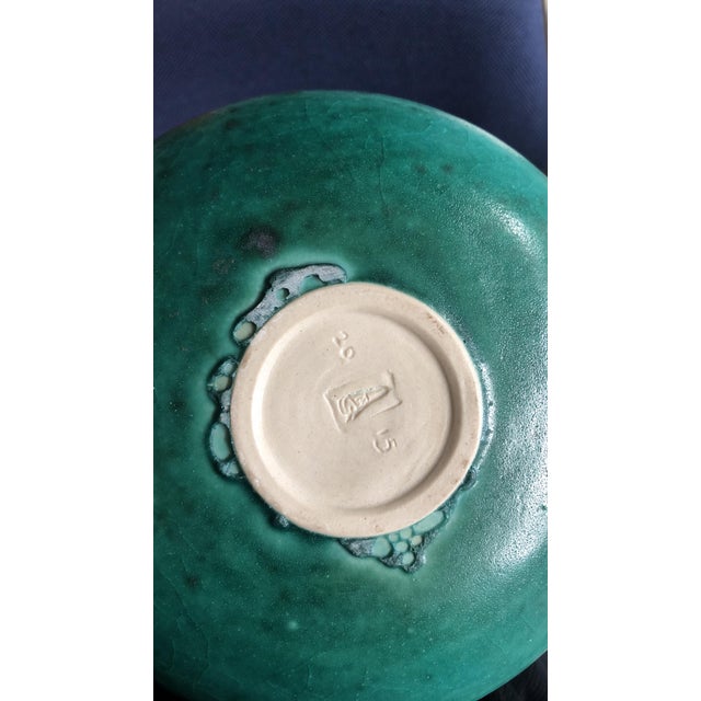 Mid-Century Modern Teal Vase With Brown Rim, Signed For Sale - Image 3 of 5