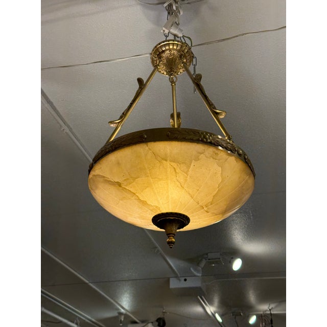 Art Deco Vintage Custom Alabaster Semi Flush Mount Pendant For Sale - Image 3 of 12