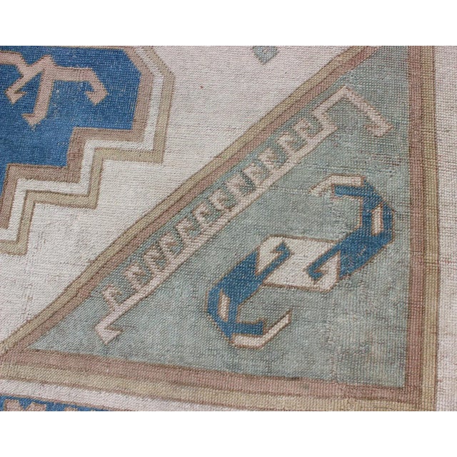 Mid 20th Century Large Vintage Turkish Rug With Stylized Geometric Design in Blue, Ivory, Tan For Sale - Image 5 of 12