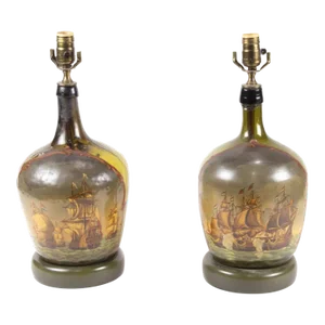 Vintage Nautical Pair of Enameled Green Glass Demijohn Carboy Bottles