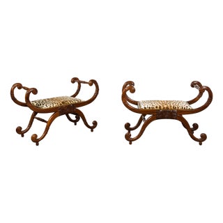 Pair of English Regency Carved Mahogany 19th Century Stools with Scrolling Arms For Sale