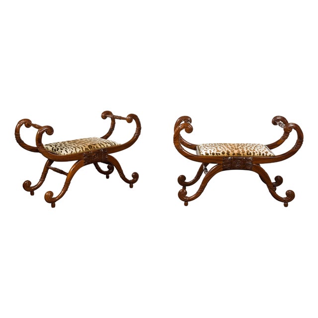 Pair of English Regency Carved Mahogany 19th Century Stools with Scrolling Arms For Sale